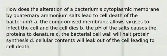 How does the alteration of a bacterium's cytoplasmic membrane by quaternary ammonium salts lead to cell death of the bacterium? a. the compromised membrane allows viruses to infect the cell and the cell dies b. the pH of the salts causes the proteins to denature c. the bacterial cell wall will halt protein synthesis d. cellular contents will leak out of the cell leading to cell death