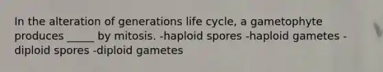 In the alteration of generations life cycle, a gametophyte produces _____ by mitosis. -haploid spores -haploid gametes -diploid spores -diploid gametes