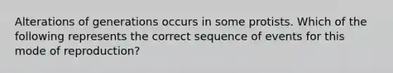 Alterations of generations occurs in some protists. Which of the following represents the correct sequence of events for this mode of reproduction?