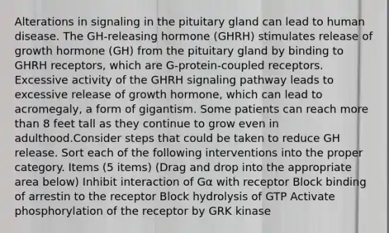 Alterations in signaling in the pituitary gland can lead to human disease. The GH-releasing hormone (GHRH) stimulates release of growth hormone (GH) from the pituitary gland by binding to GHRH receptors, which are G-protein-coupled receptors. Excessive activity of the GHRH signaling pathway leads to excessive release of growth hormone, which can lead to acromegaly, a form of gigantism. Some patients can reach more than 8 feet tall as they continue to grow even in adulthood.Consider steps that could be taken to reduce GH release. Sort each of the following interventions into the proper category. Items (5 items) (Drag and drop into the appropriate area below) Inhibit interaction of Gα with receptor Block binding of arrestin to the receptor Block hydrolysis of GTP Activate phosphorylation of the receptor by GRK kinase