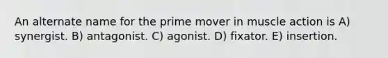 An alternate name for the prime mover in muscle action is A) synergist. B) antagonist. C) agonist. D) fixator. E) insertion.
