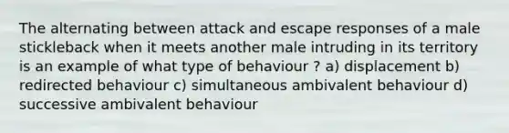 The alternating between attack and escape responses of a male stickleback when it meets another male intruding in its territory is an example of what type of behaviour ? a) displacement b) redirected behaviour c) simultaneous ambivalent behaviour d) successive ambivalent behaviour