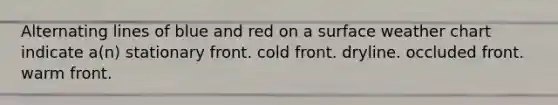 Alternating lines of blue and red on a surface weather chart indicate a(n) ​stationary front. ​cold front. ​dryline. ​occluded front. ​warm front.