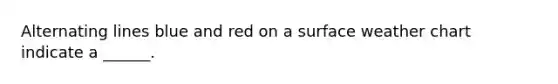 Alternating lines blue and red on a surface weather chart indicate a ______.