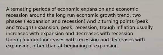 Alternating periods of economic expansion and economic recession around the long run economic growth trend. two phases ( expansion and recession) And 2 turning points (peak and trough) Expansion, peak, recession, trough Inflation usually increases with expansion and decreases with recession Unemployment increases with recession and decreases with expansion, other than at beginning of expansion.