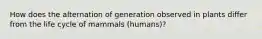 How does the alternation of generation observed in plants differ from the life cycle of mammals (humans)?