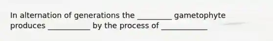 In alternation of generations the _________ gametophyte produces ___________ by the process of ____________