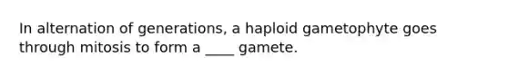 In alternation of generations, a haploid gametophyte goes through mitosis to form a ____ gamete.