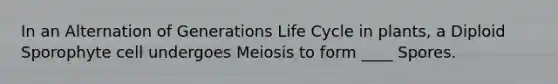 In an Alternation of Generations Life Cycle in plants, a Diploid Sporophyte cell undergoes Meiosis to form ____ Spores.