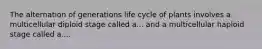 The alternation of generations life cycle of plants involves a multicellular diploid stage called a... and a multicellular haploid stage called a....