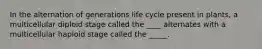 In the alternation of generations life cycle present in plants, a multicellular diploid stage called the ____ alternates with a multicellular haploid stage called the _____.