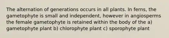 The alternation of generations occurs in all plants. In ferns, the gametophyte is small and independent, however in angiosperms the female gametophyte is retained within the body of the a) gametophyte plant b) chlorophyte plant c) sporophyte plant