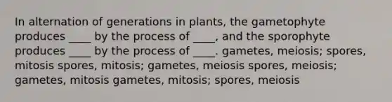 In alternation of generations in plants, the gametophyte produces ____ by the process of ____, and the sporophyte produces ____ by the process of ____. gametes, meiosis; spores, mitosis spores, mitosis; gametes, meiosis spores, meiosis; gametes, mitosis gametes, mitosis; spores, meiosis