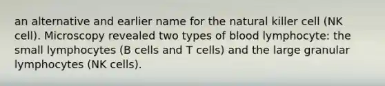 an alternative and earlier name for the natural killer cell (NK cell). Microscopy revealed two types of blood lymphocyte: the small lymphocytes (B cells and T cells) and the large granular lymphocytes (NK cells).