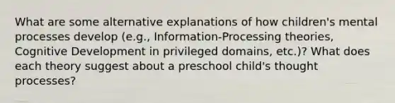 What are some alternative explanations of how children's mental processes develop (e.g., Information-Processing theories, Cognitive Development in privileged domains, etc.)? What does each theory suggest about a preschool child's thought processes?