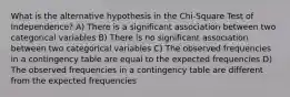 What is the alternative hypothesis in the Chi-Square Test of Independence? A) There is a significant association between two categorical variables B) There is no significant association between two categorical variables C) The observed frequencies in a contingency table are equal to the expected frequencies D) The observed frequencies in a contingency table are different from the expected frequencies