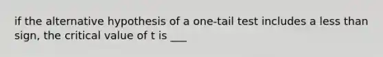 if the alternative hypothesis of a one-tail test includes a less than sign, the critical value of t is ___