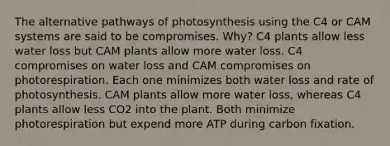 The alternative pathways of photosynthesis using the C4 or CAM systems are said to be compromises. Why? C4 plants allow less water loss but CAM plants allow more water loss. C4 compromises on water loss and CAM compromises on photorespiration. Each one minimizes both water loss and rate of photosynthesis. CAM plants allow more water loss, whereas C4 plants allow less CO2 into the plant. Both minimize photorespiration but expend more ATP during carbon fixation.