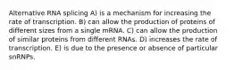 Alternative RNA splicing A) is a mechanism for increasing the rate of transcription. B) can allow the production of proteins of different sizes from a single mRNA. C) can allow the production of similar proteins from different RNAs. D) increases the rate of transcription. E) is due to the presence or absence of particular snRNPs.