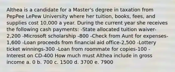 Althea is a candidate for a Master's degree in taxation from PepPee LePew University where her tuition, books, fees, and supplies cost 10,000 a year. During the current year she receives the following cash payments: -State allocated tuition waiver-2,200 -Microsoft scholarship -800 -Check from Aunt for expenses-1,600 -Loan proceeds from financial aid office-2,500 -Lottery ticket winnings-300 -Loan from roommate for copies-100 -Interest on CD-400 How much must Althea include in gross income a. 0 b. 700 c. 1500 d. 3700 e. 7900