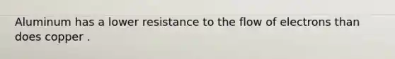 Aluminum has a lower resistance to the flow of electrons than does copper .