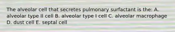 The alveolar cell that secretes pulmonary surfactant is the: A. alveolar type II cell B. alveolar type I cell C. alveolar macrophage D. dust cell E. septal cell