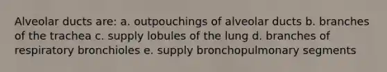 Alveolar ducts are: a. outpouchings of alveolar ducts b. branches of the trachea c. supply lobules of the lung d. branches of respiratory bronchioles e. supply bronchopulmonary segments