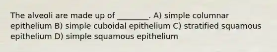 The alveoli are made up of ________. A) simple columnar epithelium B) simple cuboidal epithelium C) stratified squamous epithelium D) simple squamous epithelium