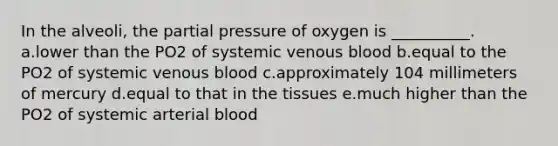 In the alveoli, the partial pressure of oxygen is __________. a.lower than the PO2 of systemic venous blood b.equal to the PO2 of systemic venous blood c.approximately 104 millimeters of mercury d.equal to that in the tissues e.much higher than the PO2 of systemic arterial blood