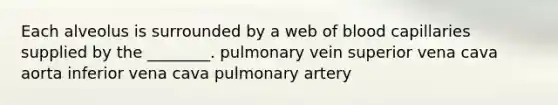 Each alveolus is surrounded by a web of blood capillaries supplied by the ________. pulmonary vein superior vena cava aorta inferior vena cava pulmonary artery