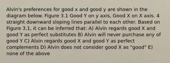 Alvin's preferences for good x and good y are shown in the diagram below. Figure 3.1 Good Y on y axis, Good X on X axis. 4 straight downward sloping lines parallel to each other. Based on Figure 3.1, it can be inferred that: A) Alvin regards good X and good Y as perfect substitutes B) Alvin will never purchase any of good Y C) Alvin regards good X and good Y as perfect complements D) Alvin does not consider good X as "good" E) none of the above