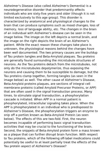 Alzheimer's Disease (also called Alzheimer's Dementia) is a neurodegenerative disorder that predominantly affects individuals who are sixty-five years and older (though it is not limited exclusively to this age group). This disorder is characterized by anatomical and physiological changes to the brain that can produce symptoms such as mood changes, loss of memory, loss of language ability, etc. The changes in the brain of an individual with Alzheimer's disease can be seen in the image below. The image on the left depicts a normal brain, and the image on the right depicts the brain of an Alzheimer's patient. While the exact reason these changes take place is unknown, the physiological reasons behind the changes have been well documented. The two primary causes are the buildup of Tau protein tangles and Beta-Amyloid plaques. Tau proteins are generally found surrounding the microtubule structures of neurons. As the Tau proteins detach from the microtubules, not only do the microtubules depolymerize, thus exposing the neurons and causing them to be susceptible to damage, but the Tau proteins clump together, forming tangles (as seen in the image below) as well. The other cause of Alzheimer's Disease, Beta-Amyloid proteins plaques, are sections of integral cell membrane proteins (called Amyloid Precursor Proteins, or APP) that are often used in the signal transduction process. Many times, to stimulate signal transduction, a phosphorylation cascade is initiated. When APP in a normal patient is phosphorylated, intracellular signaling takes place. When the APP is phosphorylated in an individual who is predisposed to Alzheimer's Disease, the phosphorylation triggers an enzyme to snip off a portion known as Beta-Amyloid Protein (as seen below). The effects of this are two-fold. First, the neuron becomes incapable of performing basic signal transduction activities that may be crucial to the functioning of the brain. Second, the snippets of Beta-Amyloid protein form a mass known as a plaque that can further disrupt brain function. With respect to Tau proteins, which of the following off-label medications could potentially be useful to at least partially treat the effects of the Tau protein aspect of Alzheimer's Disease?