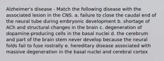 Alzheimer's disease - Match the following disease with the associated lesion in the CNS. a. failure to close the caudal end of the neural tube during embryonic development b. shortage of ACh and structural changes in the brain c. degeneration of dopamine-producing cells in the basal nuclei d. the cerebrum and part of the brain stem never develop because the neural folds fail to fuse rostrally e. hereditary disease associated with massive degeneration in the basal nuclei and cerebral cortex