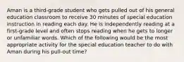 Aman is a third-grade student who gets pulled out of his general education classroom to receive 30 minutes of special education instruction in reading each day. He is independently reading at a first-grade level and often stops reading when he gets to longer or unfamiliar words. Which of the following would be the most appropriate activity for the special education teacher to do with Aman during his pull-out time?