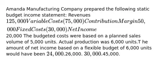 Amanda Manufacturing Company prepared the following static budget income statement: Revenues125,000 Variable Costs (75,000) Contribution Margin 50,000 Fixed Costs (30,000) Net Income20,000 The budgeted costs were based on a planned sales volume of 5,000 units. Actual production was 6,000 units.T he amount of net income based on a flexible budget of 6,000 units would have been 24,000.26,000. 30,000.45,000.