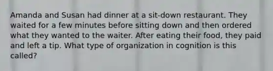 Amanda and Susan had dinner at a sit-down restaurant. They waited for a few minutes before sitting down and then ordered what they wanted to the waiter. After eating their food, they paid and left a tip. What type of organization in cognition is this called?