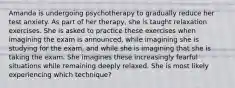 Amanda is undergoing psychotherapy to gradually reduce her test anxiety. As part of her therapy, she is taught relaxation exercises. She is asked to practice these exercises when imagining the exam is announced, while imagining she is studying for the exam, and while she is imagining that she is taking the exam. She imagines these increasingly fearful situations while remaining deeply relaxed. She is most likely experiencing which technique?