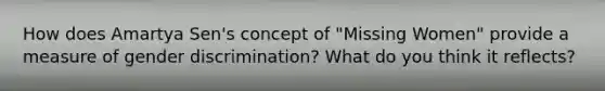 How does Amartya Sen's concept of "Missing Women" provide a measure of gender discrimination? What do you think it reflects?