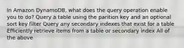 In Amazon DynamoDB, what does the query operation enable you to do? Query a table using the parition key and an optional sort key filter Query any secondary indexes that exist for a table Efficiently retrieve items from a table or secondary index All of the above