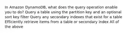 In Amazon DynamoDB, what does the query operation enable you to do? Query a table using the partition key and an optional sort key filter Query any secondary indexes that exist for a table Efficiently retrieve items from a table or secondary index All of the above