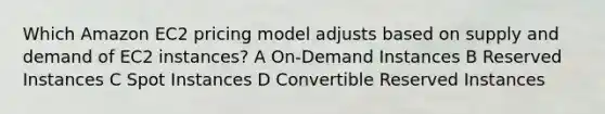 Which Amazon EC2 pricing model adjusts based on supply and demand of EC2 instances? A On-Demand Instances B Reserved Instances C Spot Instances D Convertible Reserved Instances