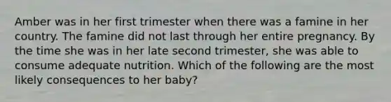 Amber was in her first trimester when there was a famine in her country. The famine did not last through her entire pregnancy. By the time she was in her late second trimester, she was able to consume adequate nutrition. Which of the following are the most likely consequences to her baby?