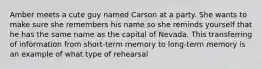 Amber meets a cute guy named Carson at a party. She wants to make sure she remembers his name so she reminds yourself that he has the same name as the capital of Nevada. This transferring of information from short-term memory to long-term memory is an example of what type of rehearsal