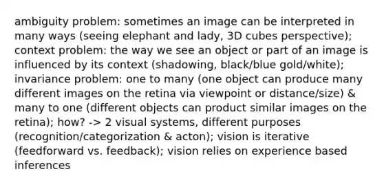 ambiguity problem: sometimes an image can be interpreted in many ways (seeing elephant and lady, 3D cubes perspective); context problem: the way we see an object or part of an image is influenced by its context (shadowing, black/blue gold/white); invariance problem: one to many (one object can produce many different images on the retina via viewpoint or distance/size) & many to one (different objects can product similar images on the retina); how? -> 2 visual systems, different purposes (recognition/categorization & acton); vision is iterative (feedforward vs. feedback); vision relies on experience based inferences