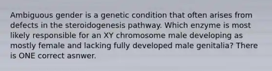 Ambiguous gender is a genetic condition that often arises from defects in the steroidogenesis pathway. Which enzyme is most likely responsible for an XY chromosome male developing as mostly female and lacking fully developed male genitalia? There is ONE correct asnwer.