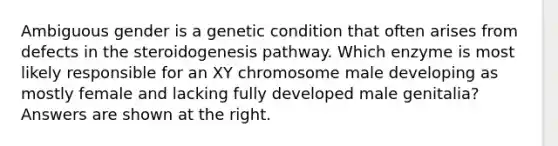 Ambiguous gender is a genetic condition that often arises from defects in the steroidogenesis pathway. Which enzyme is most likely responsible for an XY chromosome male developing as mostly female and lacking fully developed male genitalia? Answers are shown at the right.