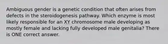 Ambiguous gender is a genetic condition that often arises from defects in the steroidogenesis pathway. Which enzyme is most likely responsible for an XY chromosome male developing as mostly female and lacking fully developed male genitalia? There is ONE correct answer.