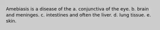 Amebiasis is a disease of the a. conjunctiva of the eye. b. brain and meninges. c. intestines and often the liver. d. lung tissue. e. skin.