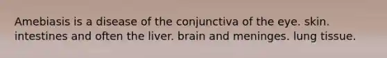 Amebiasis is a disease of the conjunctiva of the eye. skin. intestines and often the liver. brain and meninges. lung tissue.