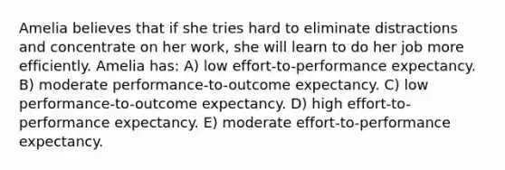 Amelia believes that if she tries hard to eliminate distractions and concentrate on her work, she will learn to do her job more efficiently. Amelia has: A) low effort-to-performance expectancy. B) moderate performance-to-outcome expectancy. C) low performance-to-outcome expectancy. D) high effort-to-performance expectancy. E) moderate effort-to-performance expectancy.